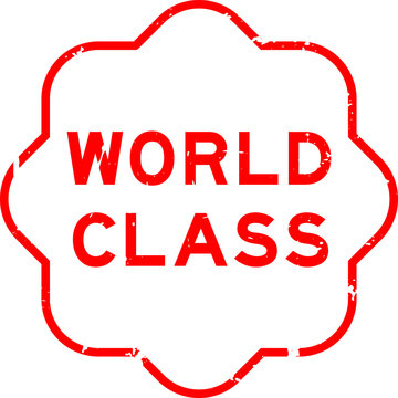 Grunge red world class word square seal stamp on white background
