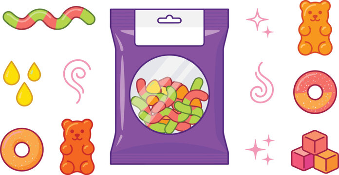 Gummy Candy Snack Pack Icon Set with Purple Jelly Worms Bag, Gummy Bears, Sour Ring Candy, Marshmallow Cubes, and Sweet Flavor Sparkle Vector Illustrations