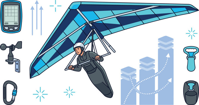 Hang Gliding Aerodynamics and Flight Equipment Icon Set with Pilot Flying Glider, Thermal Chart, Anemometer, Carabiner, and Variometer Instrument Vector Illustrations