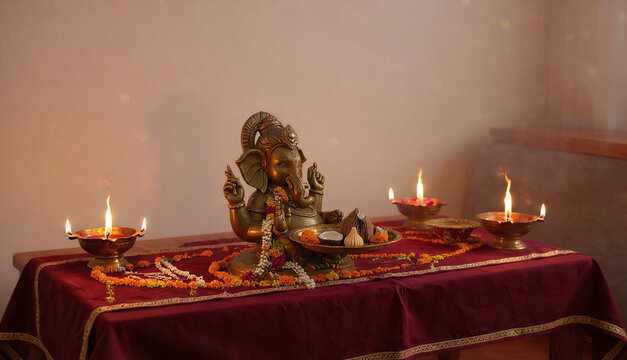 Ganesha idol stands on a red altar table flanked by glowing brass diyas during a traditional prayer ceremony.