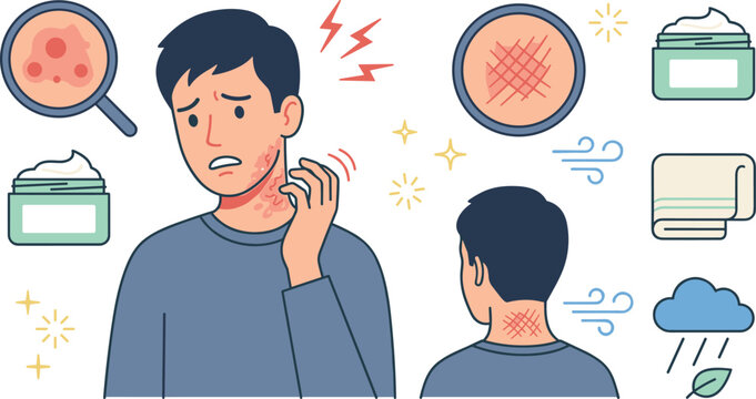 Man Scratching Sensitive Skin Rash and Eczema Symptom Icon Set with Dry Dermatitis Inflammation Allergy Relief Cream and Weather Triggers Vector Illustrations