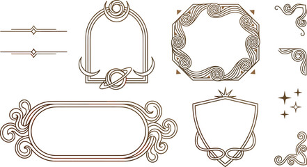 Celestial Vintage Frame and Art Deco Border Element Set with Mystical Planet, Shield, Star, and Elegant Line Accent Vectors for Graphic Design © Lal