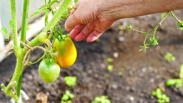 Senior woman hands picking ripe tomato from plant in home greenhouse. Growing food represents active aging, gardening tradition and connection with nature