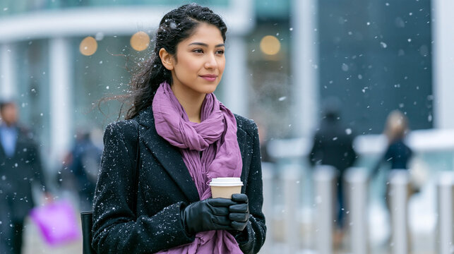 Woman in black coat and purple scarf holding a takeaway coffee cup outdoors during snowfall, with blurred urban buildings and pedestrians in background city scene