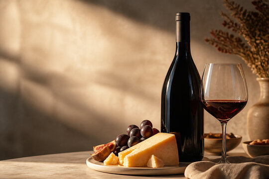 A bottle of red wine, a glass of red wine, and some cheese with grapes are displayed on a wooden table in a warmly lit indoor setting.