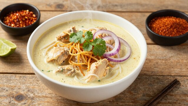 A steaming bowl of creamy chicken curry noodle soup topped with crispy noodles, fresh cilantro, and sliced red onion on a rustic wooden table.