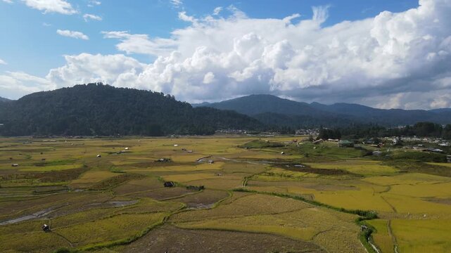 Stunning drone view of green fields and mountains of Ziro, Arunachal Pradesh
