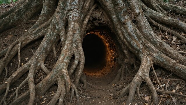 A massive tree root system creates a dark, mysterious tunnel beneath its trunk in a forest floor covered with dry leaves and soil.