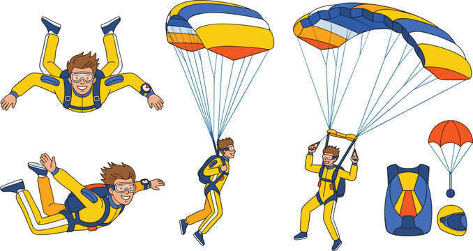 Skydiving and Parachuting Vector Illustration Set Featuring Divers Freefalling, Open Canopy Parachutes, Safety Gear Backpack, Helmet, and Extreme Aviation Sports Equipment