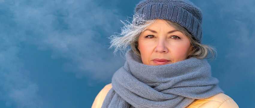 Mature woman in knitted hat and thick gray scarf facing camera against blue winter background with visible cold-weather clothing and windblown hair portrait