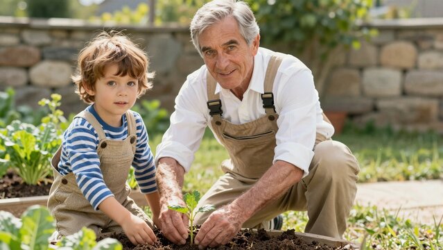 An elderly man teaches a young boy to plant a small vegetable seedling in their backyard garden on a sunny day.