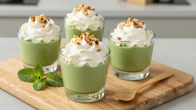 Four elegant glass cups filled with smooth green mousse dessert topped with whipped cream and crushed hazelnuts, served on a wooden board with fresh mint leaves.