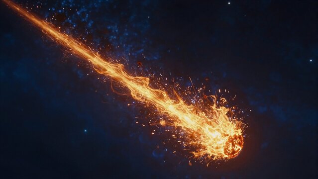A blazing meteorite streaks through deep space, leaving a fiery trail of sparks against a starry night sky.