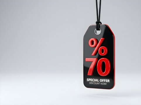 Black 3d sale tag with red 70 percent symbol special offer discount now text on white background.