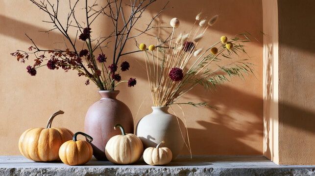 Autumn still life with pumpkins and dried flowers in ceramic vases, warm sunlight and shadows on a rustic windowsill, seasonal home decor