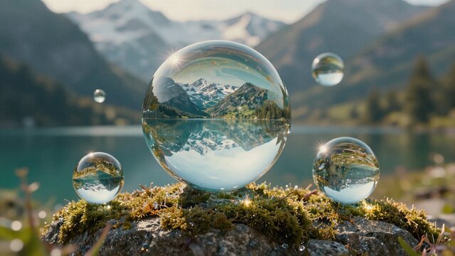 Glass orbs reflect majestic snow-capped mountains and serene alpine lakes under golden sunlight, nestled on mossy rocks near tranquil waters.