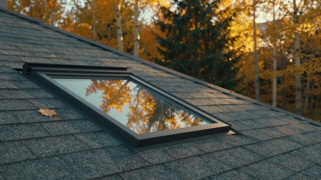 A skylight set into an asphalt roof captures the golden glow of autumn trees in a serene forest setting during sunset.