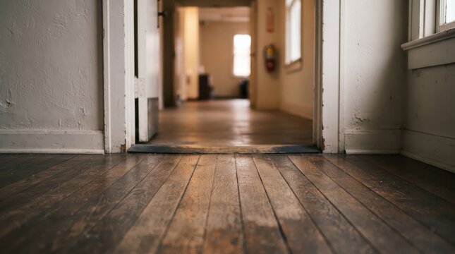 Low Angle View of Worn Wooden Floor and Open Doorway Leading to Empty Corridor