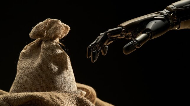 Robotic hand reaching towards burlap sack with drawstring on dark background symbolic of technology and finance interaction concept