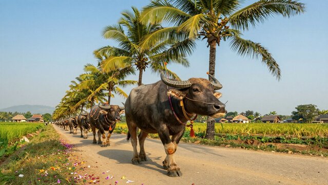 A line of ornately adorned water buffaloes walks along a rural road lined with palm trees and rice fields under clear blue skies.