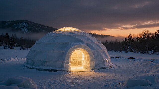 A cozy illuminated igloo stands alone in a vast winter landscape under a dramatic sunset sky.