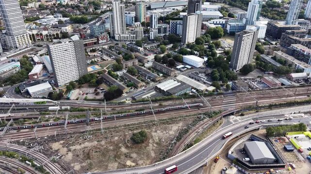 Stratford , Central line tube train drone tracking train London UK
