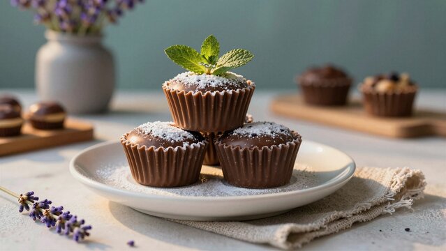 Delicious chocolate dessert cups dusted with powdered sugar and topped with fresh mint leaves, arranged on a white plate beside lavender flowers.