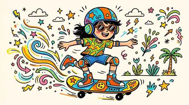 Cartoon child with headphones skateboarding on vibrant colorful background with dynamic doodle effects