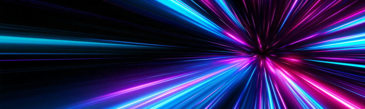 Radiant light beams converge at a central point creating a dynamic starburst effect. Intense blue and magenta hues streak outward with vibrant glow and sharp contrasts.