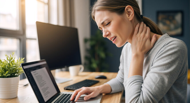 Female remote worker rubbing stiff neck at desk. Woman experiencing muscle pain and poor ergonomics while working on laptop