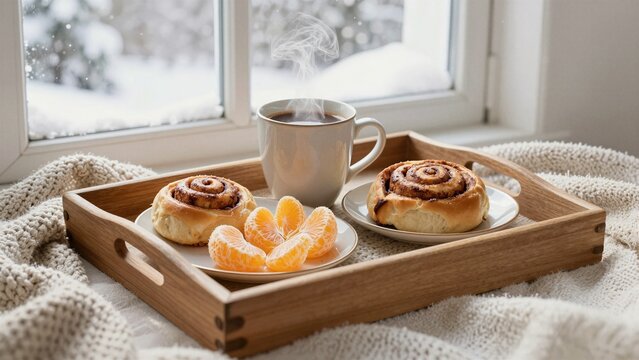 Cozy winter breakfast tray with cinnamon rolls, orange slices, and steaming coffee on a wooden board near snowy window.