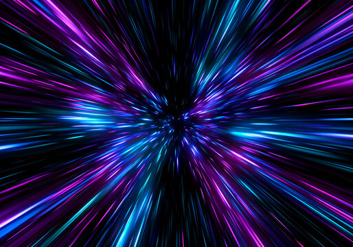 Radial streaks of vibrant neon light explode outward from the center. The glowing lines combine pink and blue hues with an intense, dynamic burst effect.