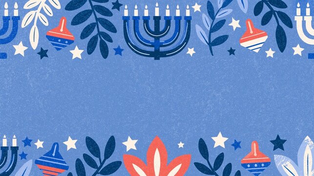 Festive Hanukkah illustration featuring menorahs, spinning dreidels, Stars of David motifs, and decorative foliage forming a blue holiday border with central space for greeting