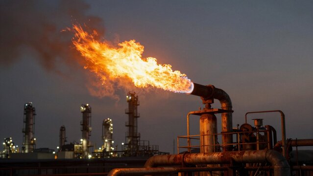 A powerful gas flare flame bursts from a rusted pipeline against an oil refinery backdrop during dusk, casting warm light on surrounding structures.