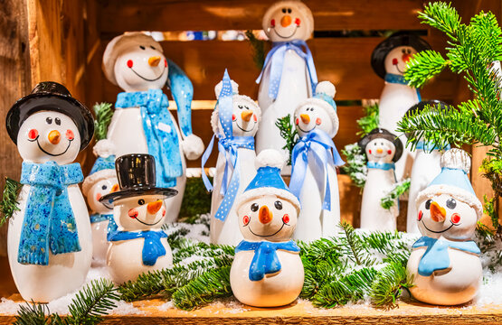 Blue Ceramic Snowmen At Bamberg Christmas Market Germany