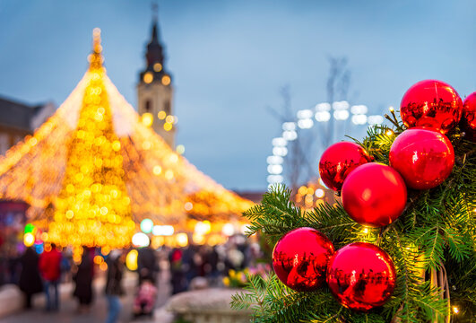 Red Baubles At Oradea Romania Christmas Market