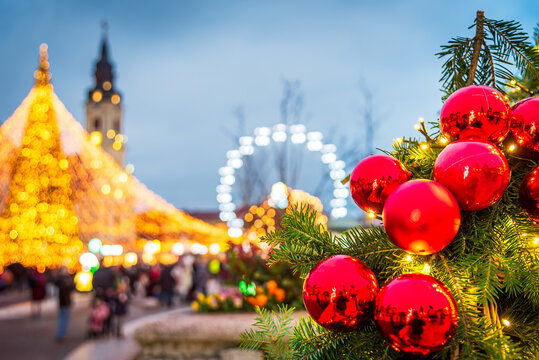Festive Red Ornaments At Oradea Romania Christmas Market