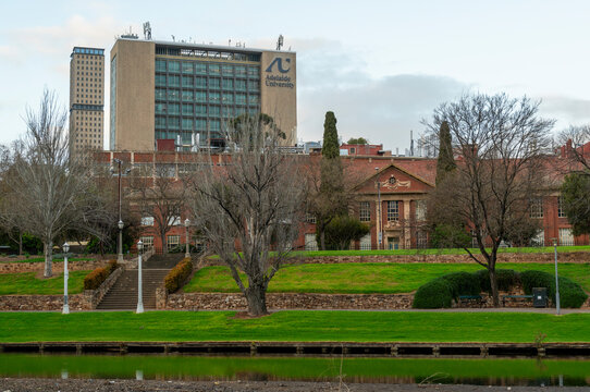 Adelaide University buildings viewed across River Torrens parkland, South Australia, 9 September 2026