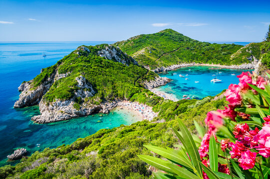 Porto Timoni double beach in summer, Corfu, Greece