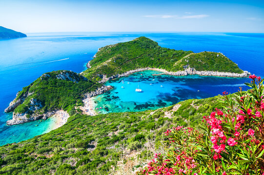 Corfu, Greece. Aerial panoramic view of the famous Porto Timoni