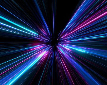 Radial neon light beams converge toward a black center point. The vibrant lines glow in shades of cyan and magenta with a dynamic streak effect. This energetic visual creates a futuristic.