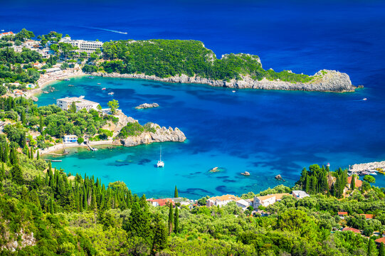 Aerial view of Paleokastritsa bays from Lakones, Corfu, Greece
