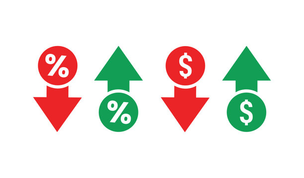 Set of percentage and dollar sign icons with red down and green up arrows representing financial trends vector