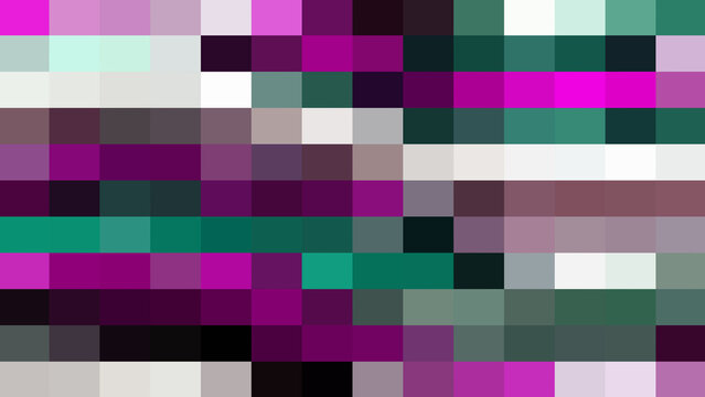 Retro pixel glitch background with colorful geometric blocks and horizontal noise in vibrant magenta, teal, white, and dark tones creating a unique digital artifact visual aesthetic.
