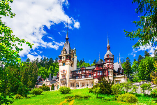 Sinaia, Romania. Famous Peles Castle, Carpathian Mountains.