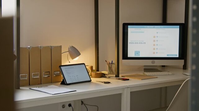 Logistics workstation displaying delivery management software on computer monitor during camera pan. Clip suitable for e-commerce supply chain ads and order fulfillment presentations