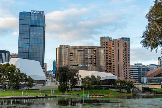 Adelaide city skyline with Casino and Festival Centre from River Torrens park, Adelaide, South Australia, 9 September 2026