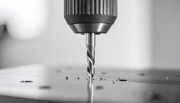 Precision Drill Bit Boring into Metal Plate with Swarf Industrial Machining Concept