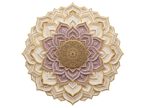 Ornate circular mandala wall art with layered lotus flower petals and intricate gold center isolated on transparent background