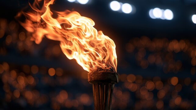 Bright orange flickering flame burning on the top of wooden torch against dark background with bokeh light effect